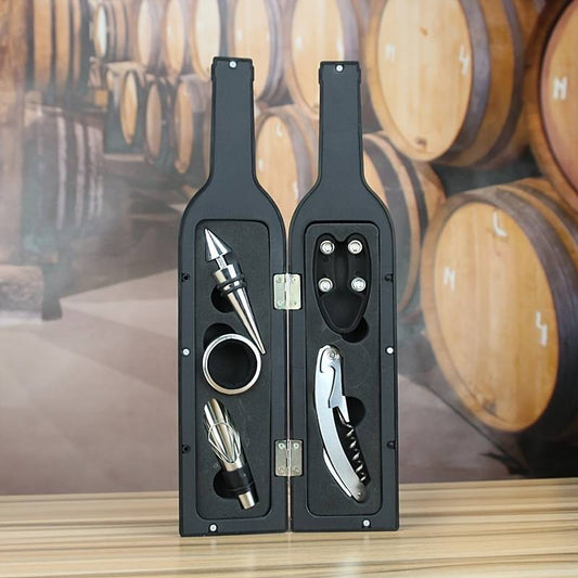 Deluxe Multi-Piece Wine Bottle Opener and Corkscrew Set In Unique Bottleshaped Holder